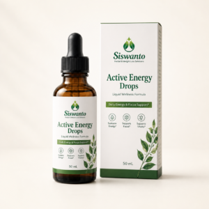 Siswanto Active Energy Drops 50 mL bottle and box on a warm white background
