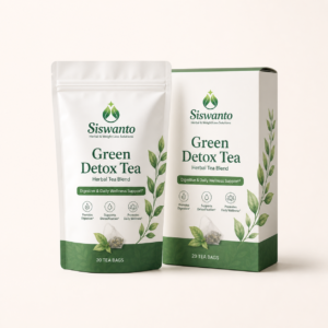 Siswanto Green Detox Tea pouch and box, 20 tea bags, on a warm white background